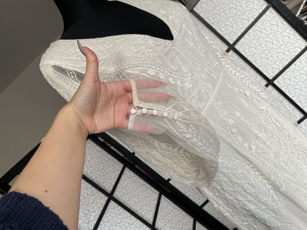 sukienka koronkowa maxi tren 42 xl asos luxe ażurowa haft cekinowa