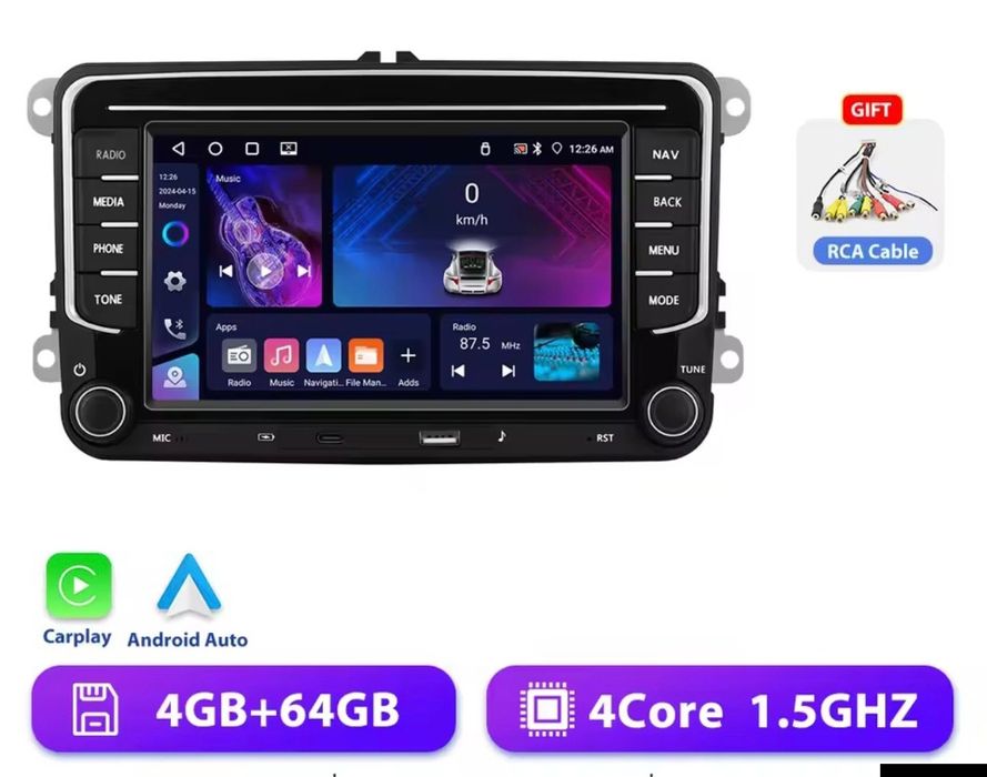 Radio Nawigacja Carplay 4/64Gb Vw,Golf,Passat,Seat,Skoda Kamera cofani