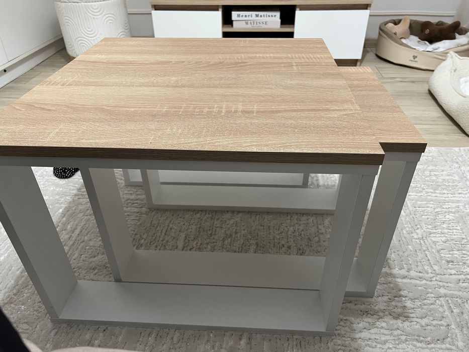 Komplet dwóch stolików kawowych - wysuwanych dąb sonoma i biały