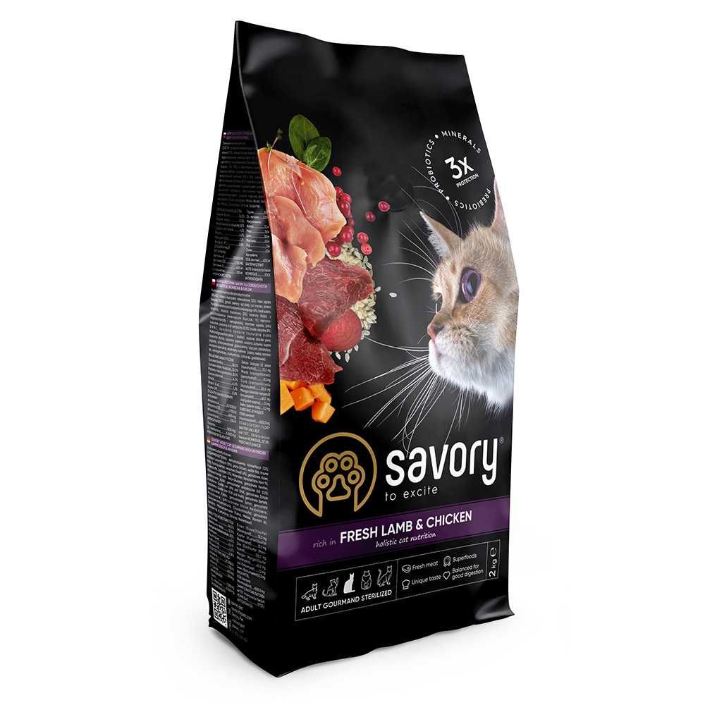 Savory корм для стерилизованных кошек с мясом ягненка и курицы 2кг 8кг