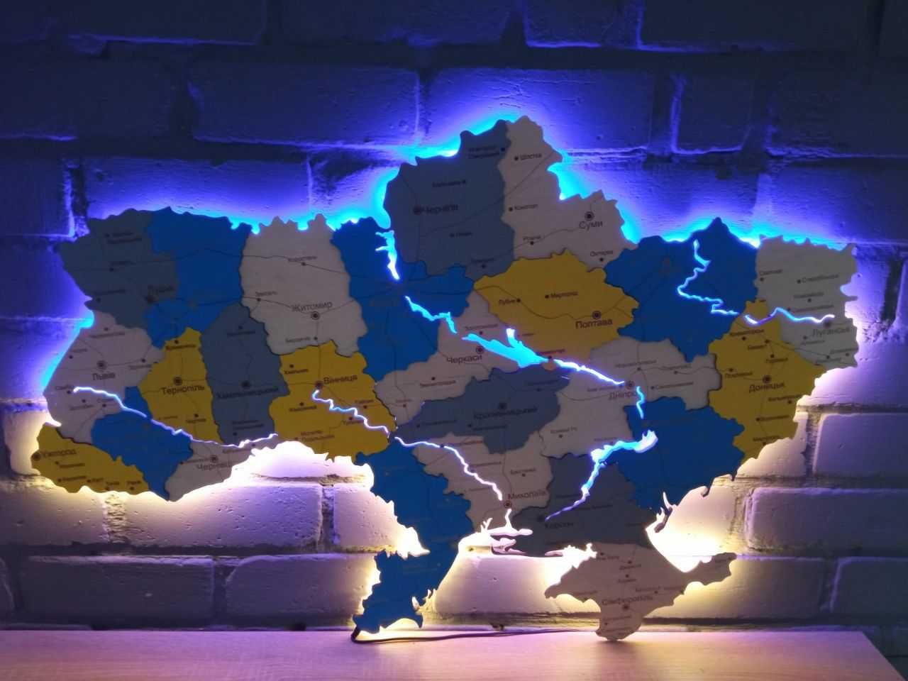 Мапа України з дерева та з річками карта Украины дерево підсвітка ЛЕД