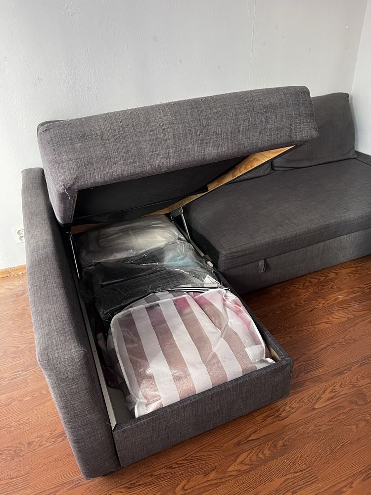 IKEA FRIHETEN szara kanapa narożna, rozkładana z szezlongiem