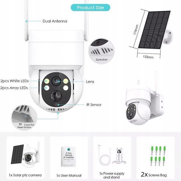 KAMERA SOLARNA Obrotowa Zewnętrza WIFI FULL HD 4x ZOOM + Panel