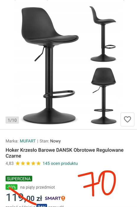Hoker krzesło barowe obrotowe regulowane