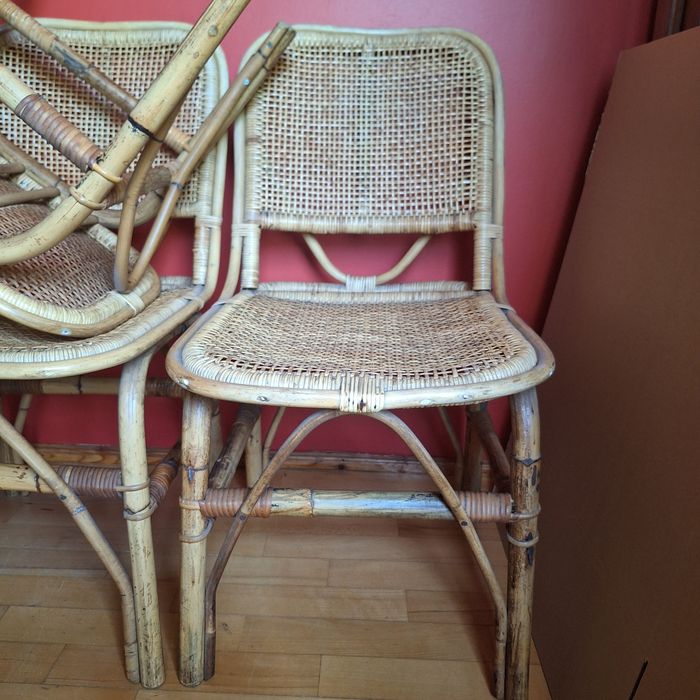 Komplet krzeseł 4 sztuki rattan bambus prl lata 70