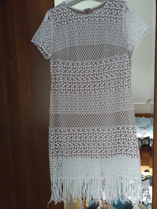 Sprzedam sukienkę r.38 biała gipiura frędzle, wesele