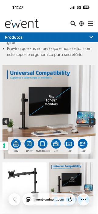 Suporte EWENT EW1510 para mesa de monitor, 1 monitor de até 34", VESA