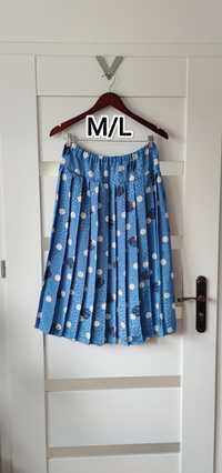 Niebieska spódnica w grochy plisowana na gumce rozkloszowana vintage