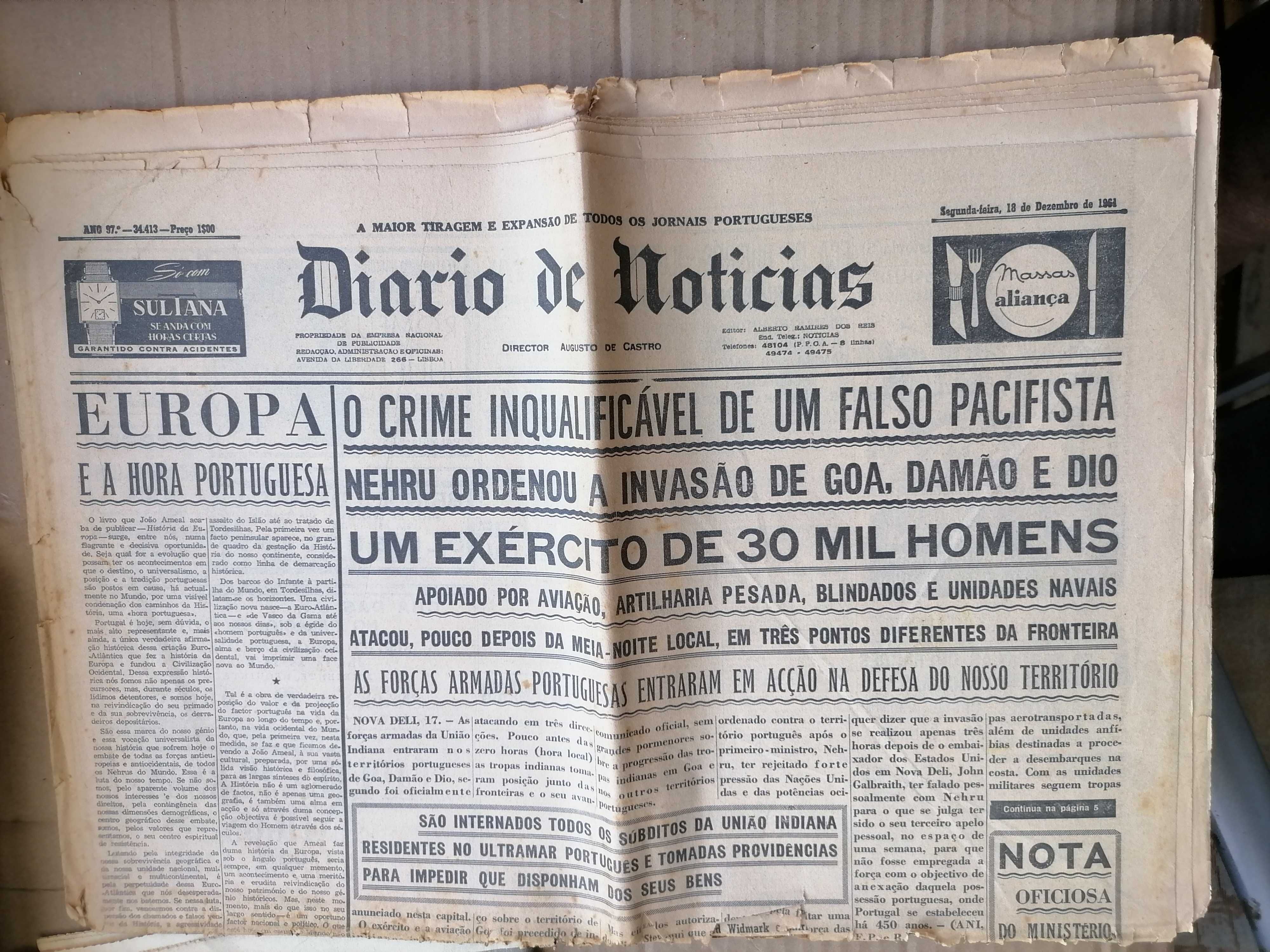SALAZAR e a INVASÃO de GOA, DAMÃO e DIU 1961 Diário de Notícias
