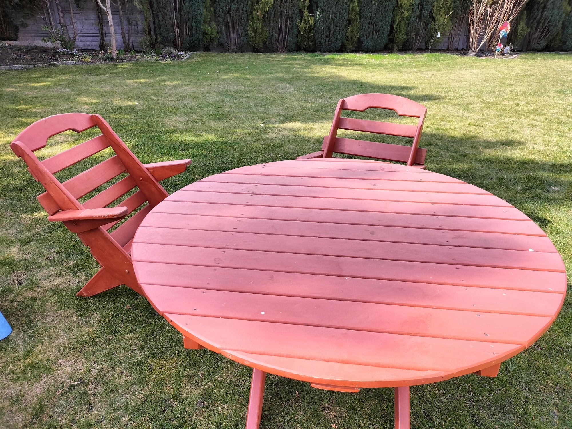 Meble ogrodowe drewniane okrągły stół plus 8 krzeseł
