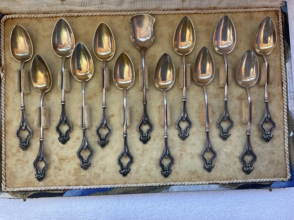 Conjunto 12 colheres mais pá de açucar em prata contrastada art deco