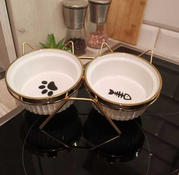 Podwójna miska dla psa kota złote luksusowe eleganckie