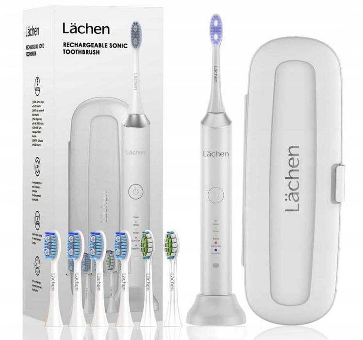 LÄCHEN Elektryczna Szczoteczka Soniczna 5 Trybów 6 Główki IPX7 Biała