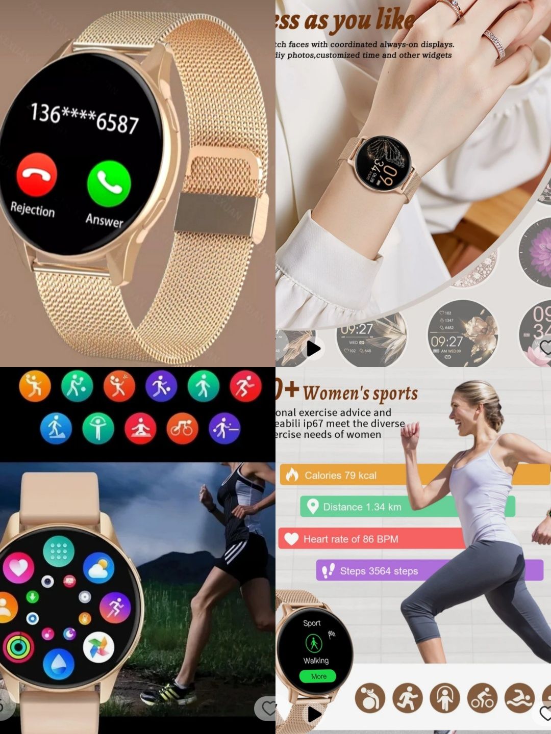 Piękny Damski Nowy Smartwatch LIGE Złoty Zegarek Polskie Menu