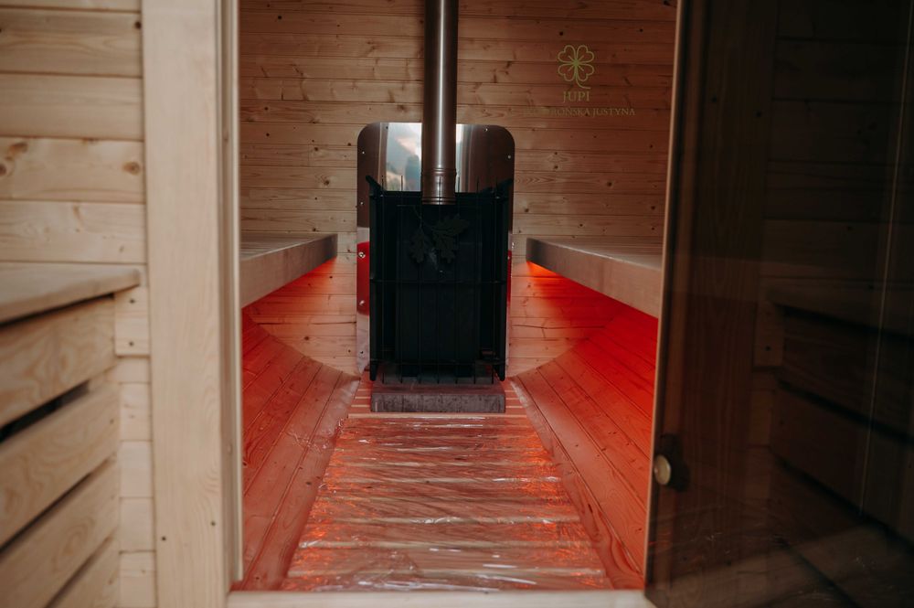 Sauna ogrodowa beczka 340cm z przedsionkiem piecem i oświetleniem LED