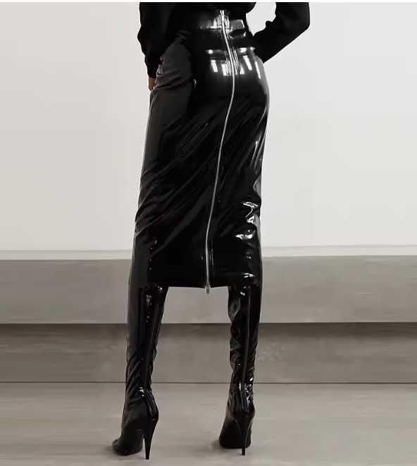 Spódnica damska z wysokim stanem ze sztucznego lateksu Misi - ołówkowa