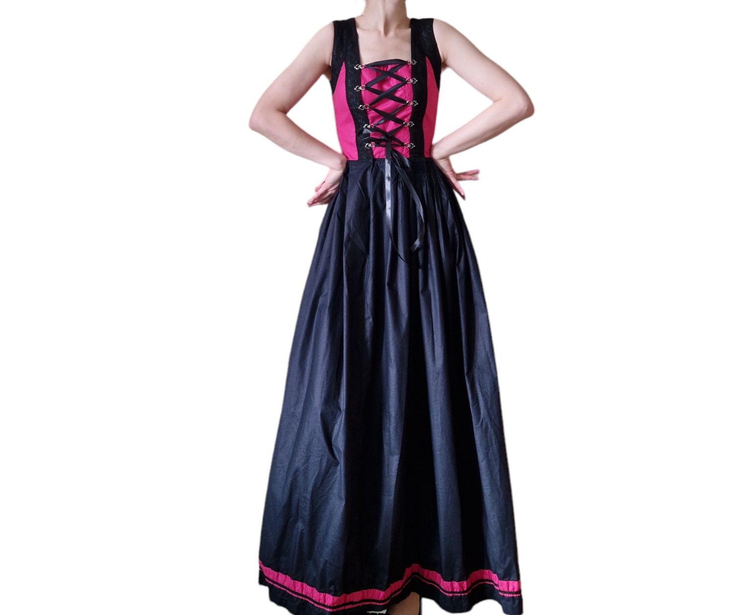 Gorsetowa bawarska długa maxi sukienka dirndl różowa czarna XS