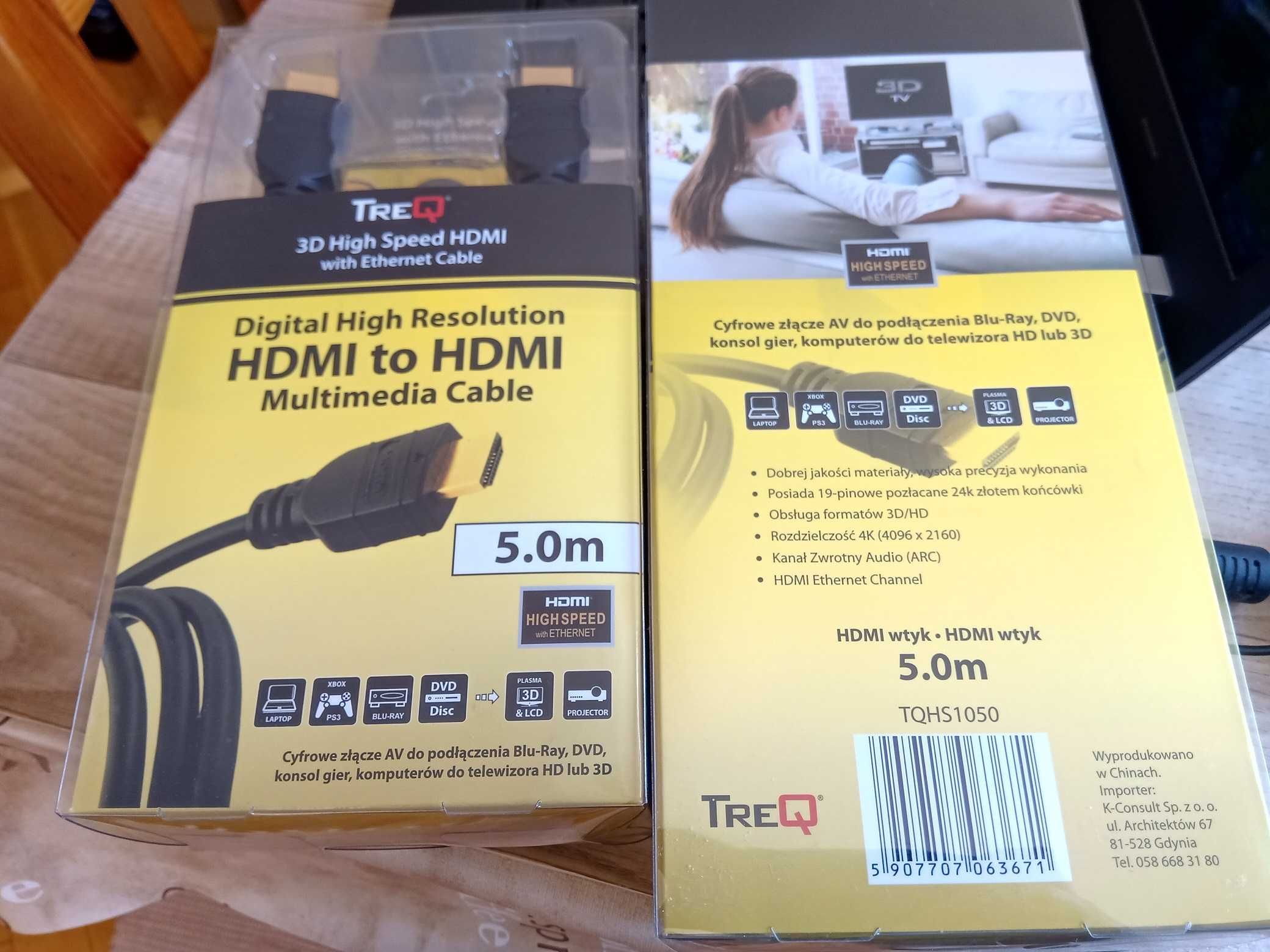 Kabel HDMI HD-4K. 5 metrów! Złocone wtyki, super jakość.