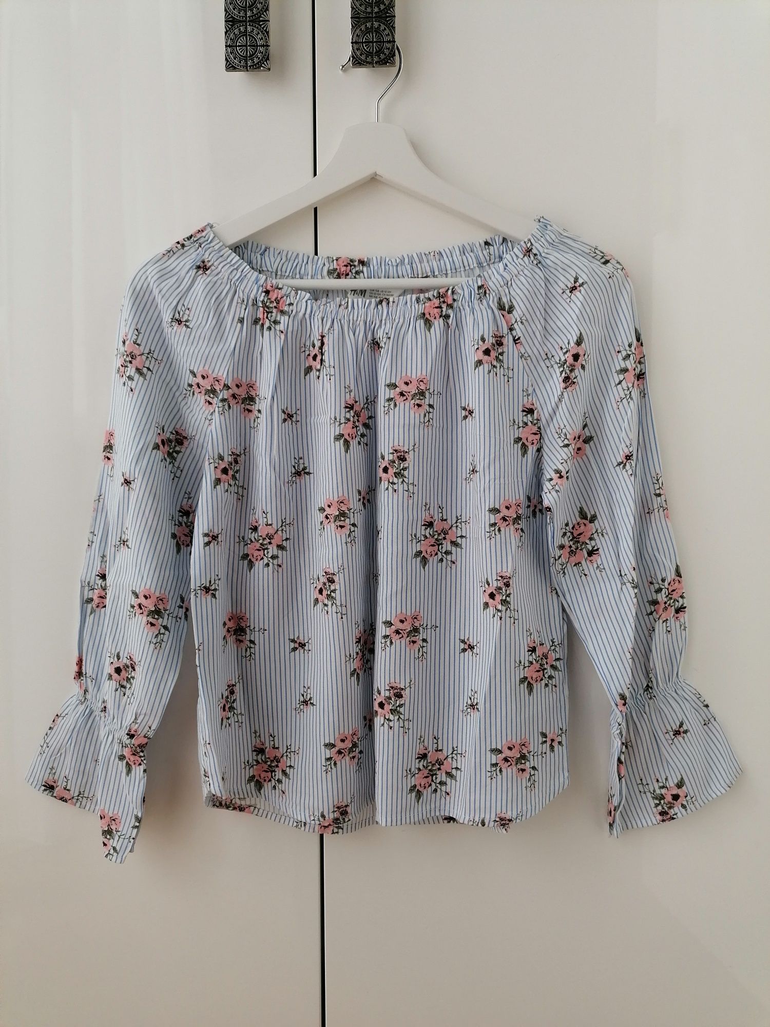 Bluzka hiszpanka H&M w paski i kwiaty 158cm 12-13 lat 100% wiskoza