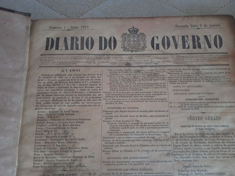 Diário do Governo Português do ano de 1910 (ano da implantação da Repú