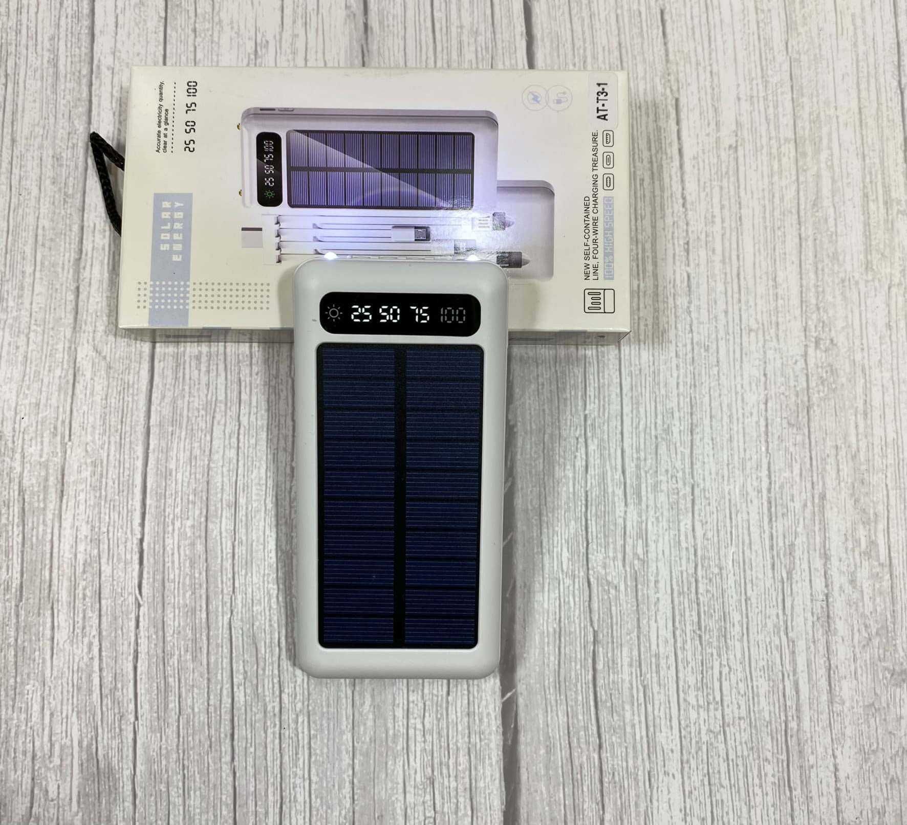 Повербанк 10000 USB type-c, ліхтарик, сонячна панель, з кабелями
