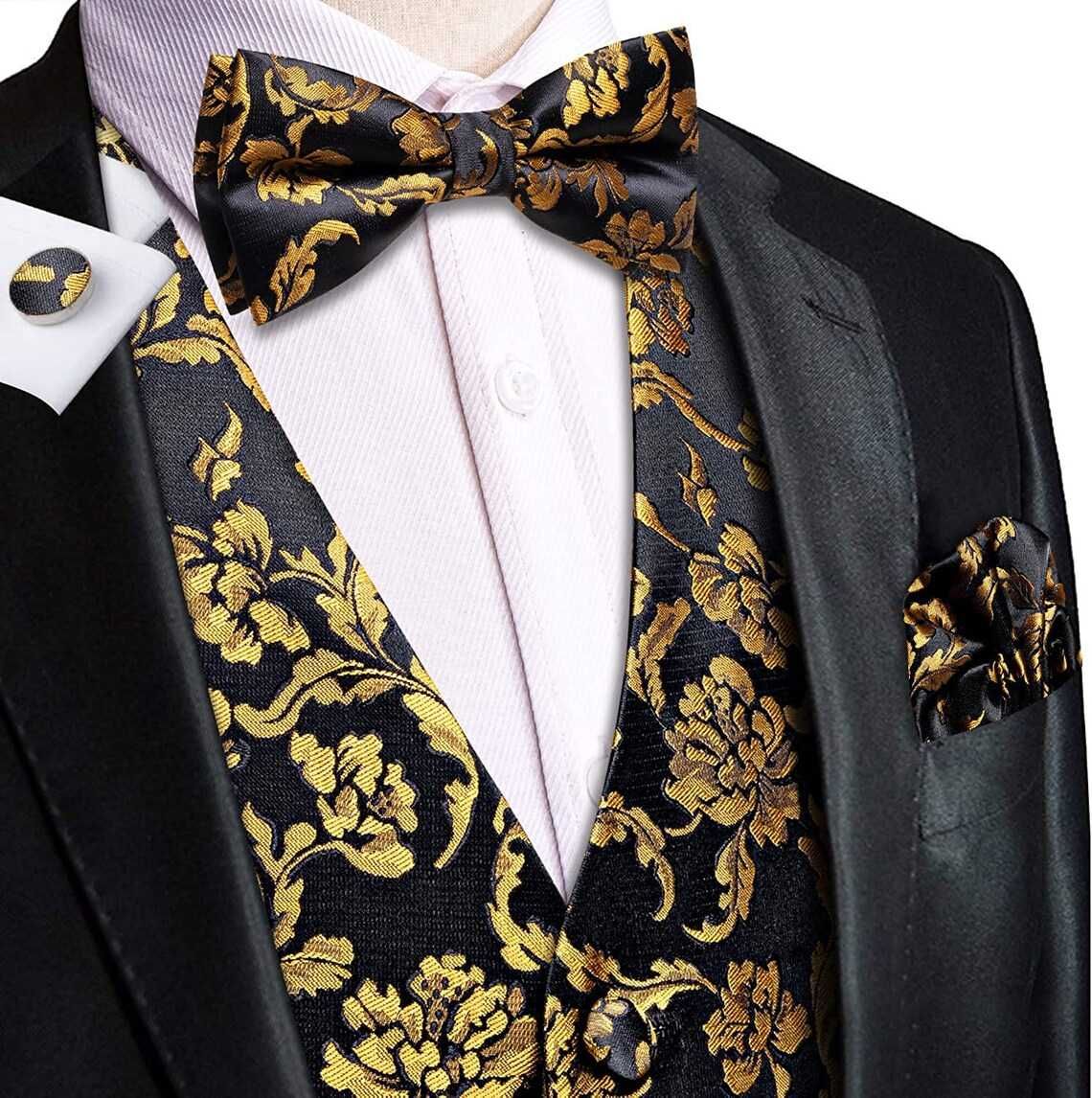 L XL Kamizelka Krawat muszka elegancka czarna złota garnituru