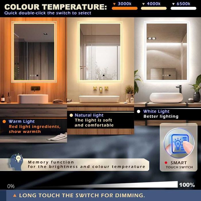 Lustro LED GANPE 60x80 cm – Czujnik ruchu, Bluetooth, 3 kolory światła