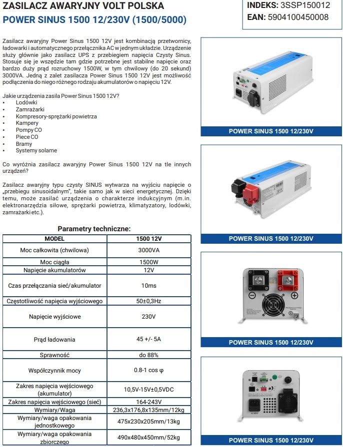 Power Sinus Zasilacz Awaryjn Przetwornica 12V 1500