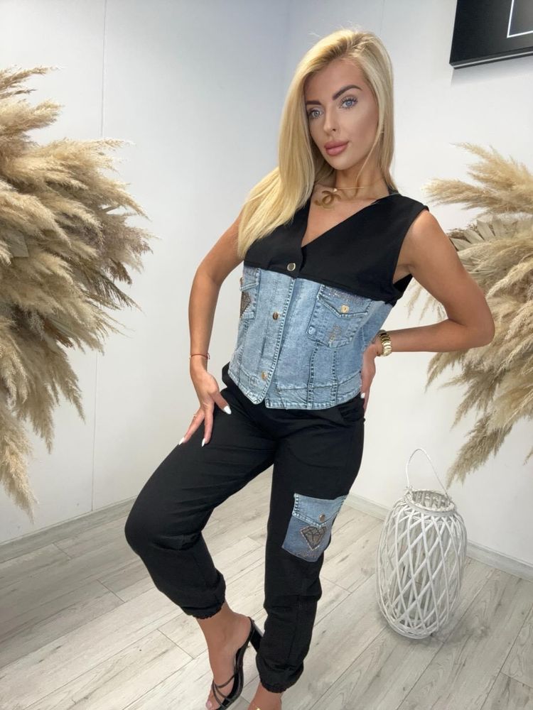 Komplet Paparazzi Fashion łączony jeans cyrkonie kamienie rozmiar uni