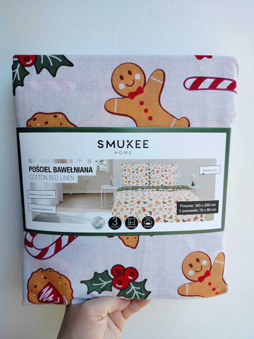 Pościel bawełniana dwustronna Smukee 160x200 świąteczna ciastek 339