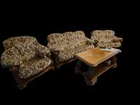 Stylowy Komplet Wypoczynkowy z litego drewna / kanapa + sofa + fotel