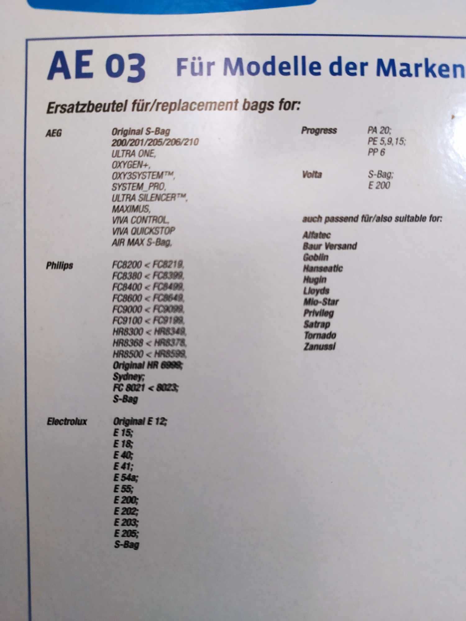 Worki Do Odkurzacza AEG Electrolux PHILIPS  itd AE 03 4 szt