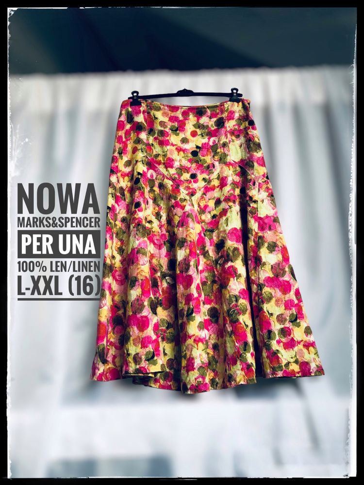 338. L-XXL Nowa rozkloszowana spódnica Marks&Spencer len, midi/maxi