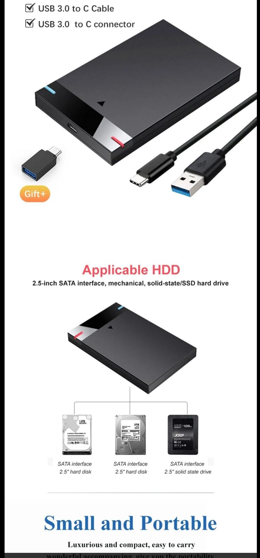 Внешний карман для HDD SSD SATA 2.5" USB 3.0 Type-c бокс корпус