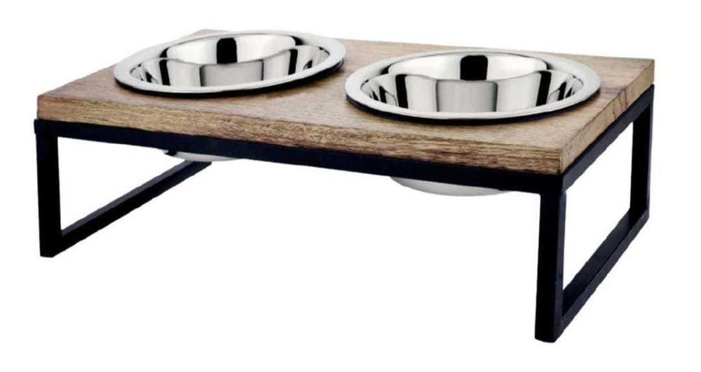 Comedouro/Bebedouro Duplo Elevado em Metal e Madeira