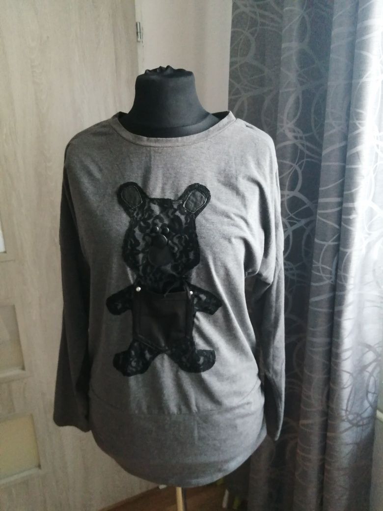 Bluzka hande made z aplikacja z koronki i skóry L XL