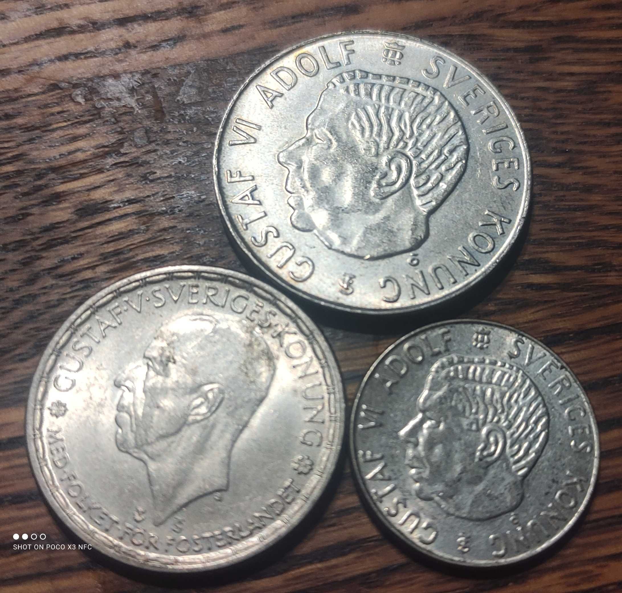 Monety srebrne Szwecja 5, 2 i 1 korona od 1950 do 1961 srebro ag