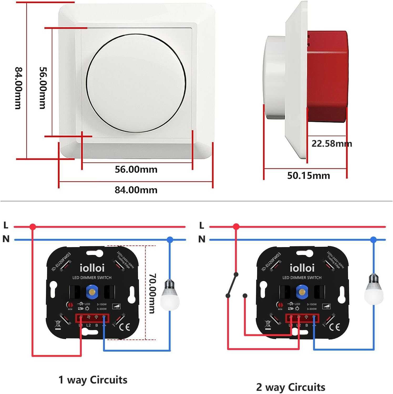 iolloi WIFI Włącznik LED, ściemniacz obrotowy, podtynkowy LED 5-250W