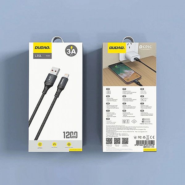 Kabel Dudao 3A 30W L3SL USB-A - Lightning w oplocie 1,2m - czarny