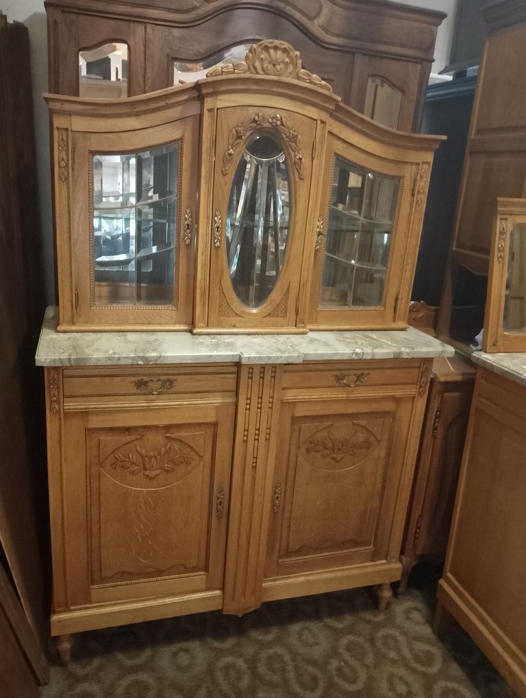 Piękny stary komplet kredens + pomocnik antyk  jasny dąb z marmurem