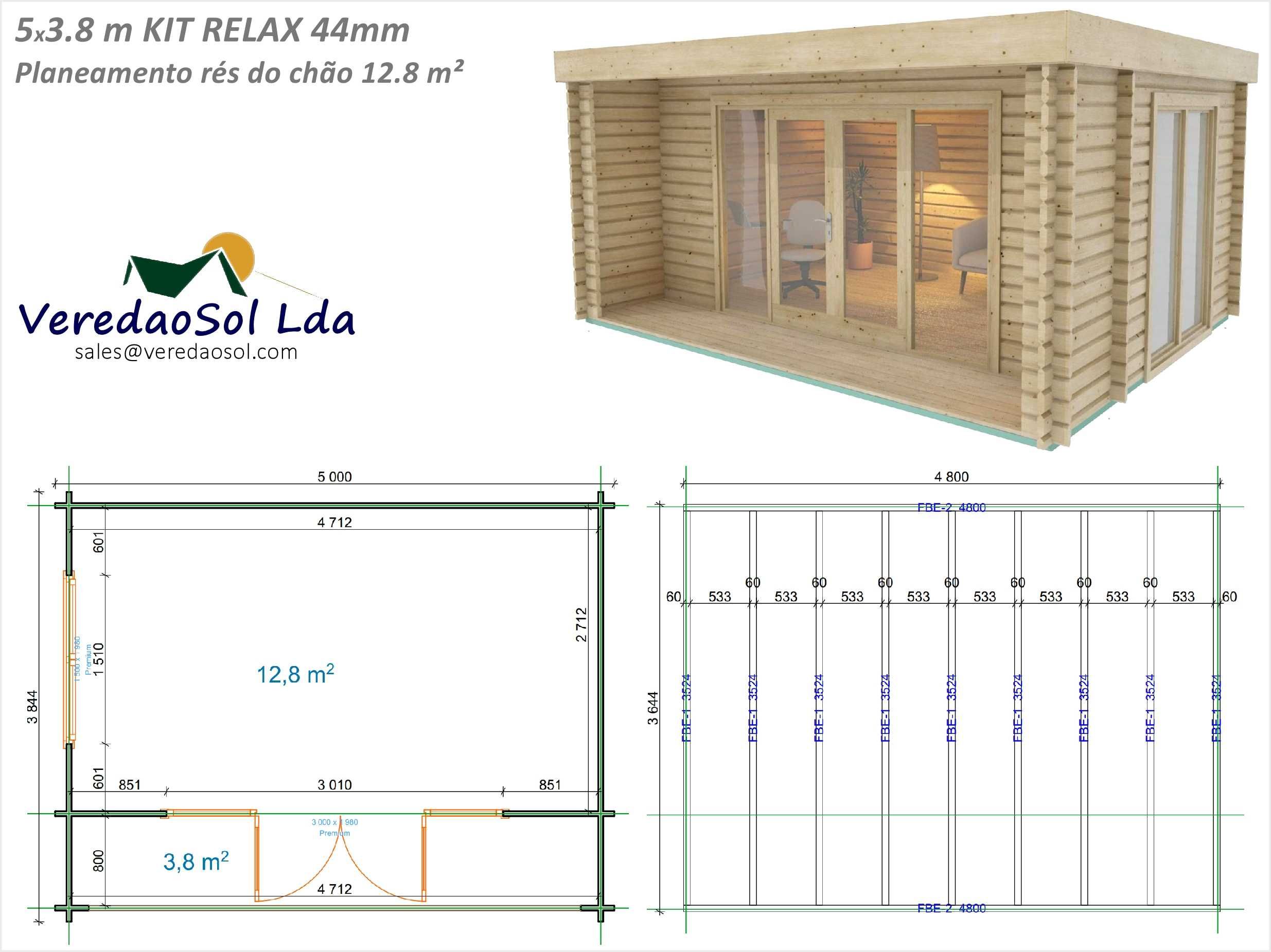 Casa madeira KIT RELAX - Nuuk  5x3.8m 44mm área coberta 22m²