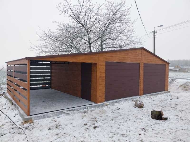 Garaż blaszany 9x5m antracyt / drewnopodobny nowoczesny blaszak wiata