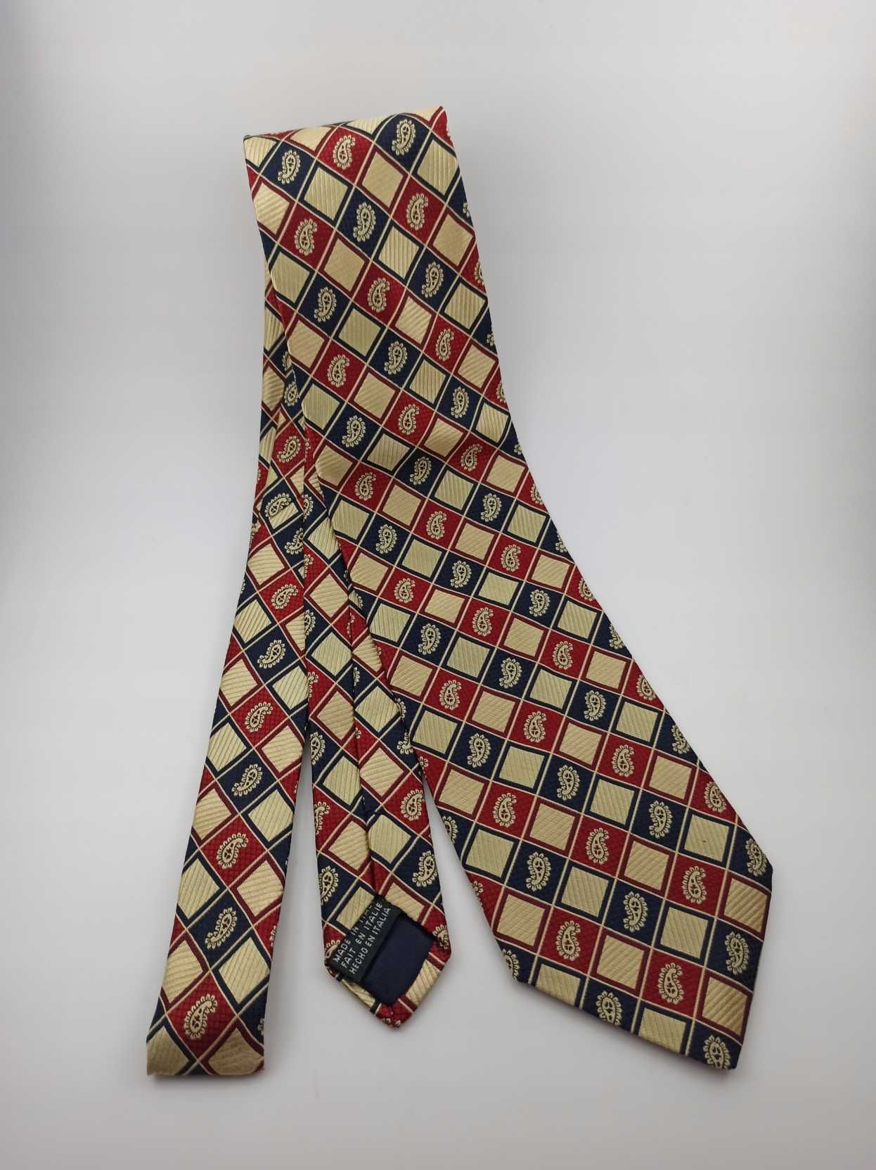 Granatowy jedwabny krawat paisley w kratkę