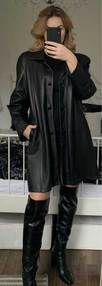 Skórzany czarny płaszcz kurtka 42 XL 44 XXL vintage real leather