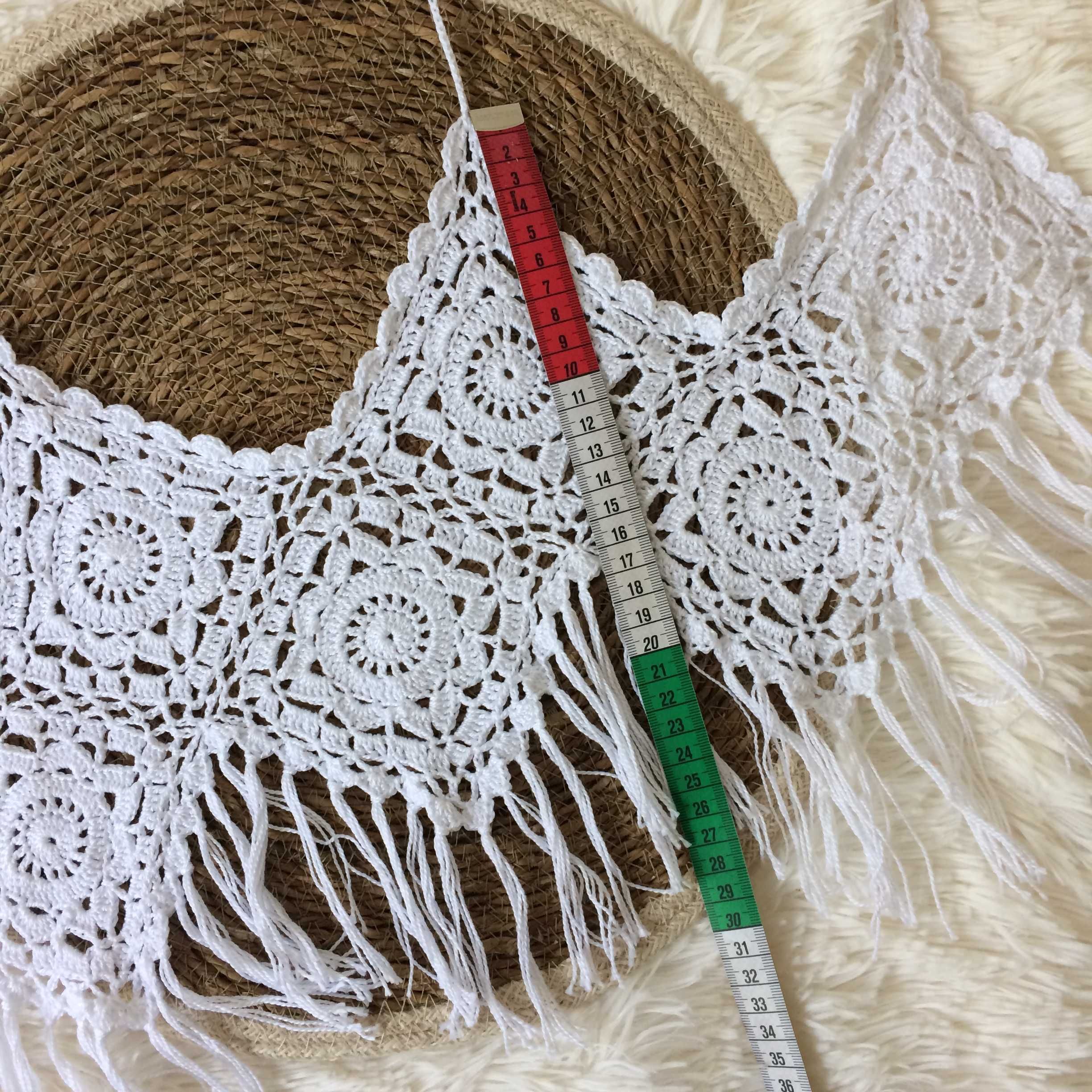 Crop top biały boho hippie szydełko frędzle letni plażowy ażur XS 34