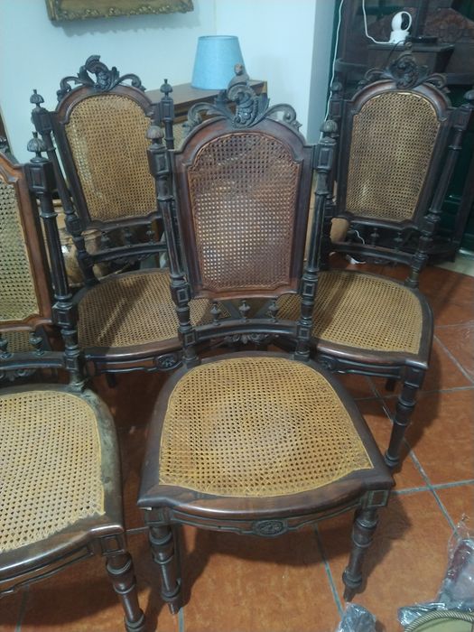 6 Cadeiras em pau santo e palhinha antigas