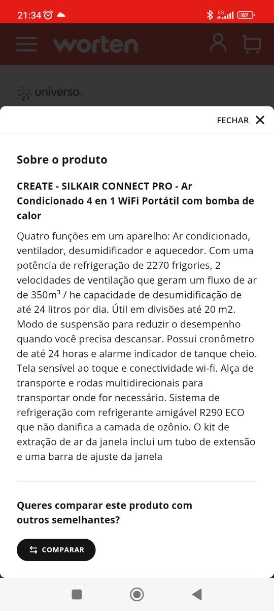 Ar condicionado portátil 4 em 1 com Wi-Fi
