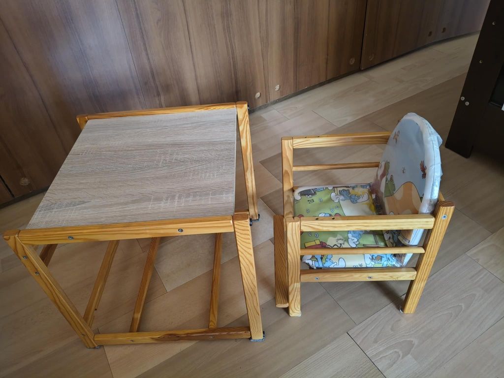 Łóżeczko dziecięce z szufladą + krzesełko drewniane