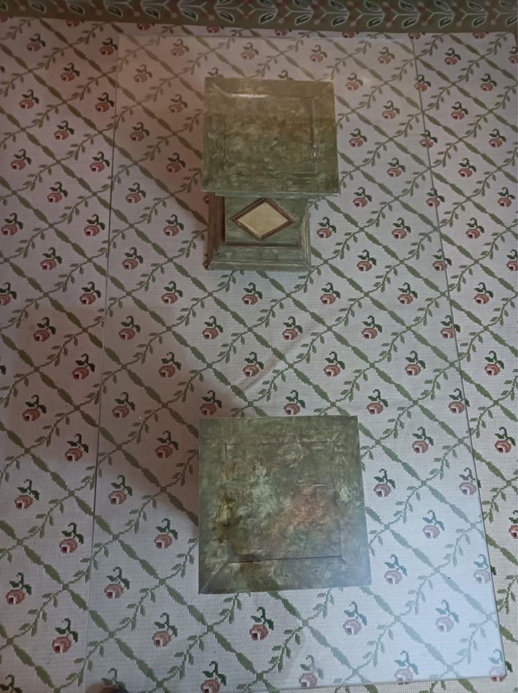 Pés de mesa pintados a mão com tampo de vidro grosso, vintage