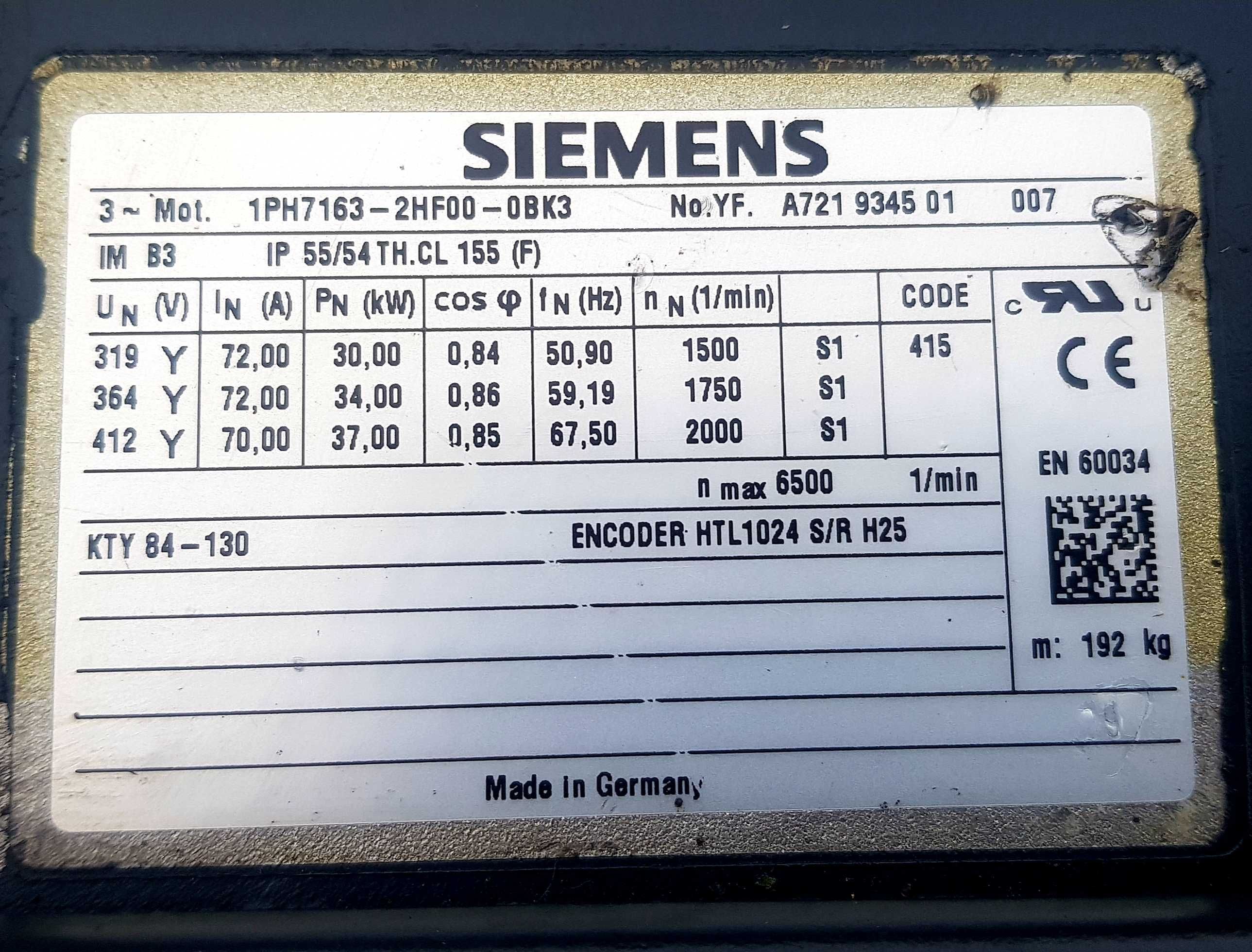 Siemens 1PH7163-2HF00-0BK3 Kompaktowy silnik indukcyjny 3 kW NOWY